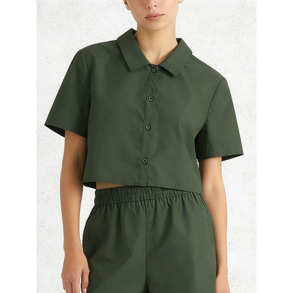 ZARA Womens Military Green Collar Short Sleeve Crop Top Loose Slimming Summer